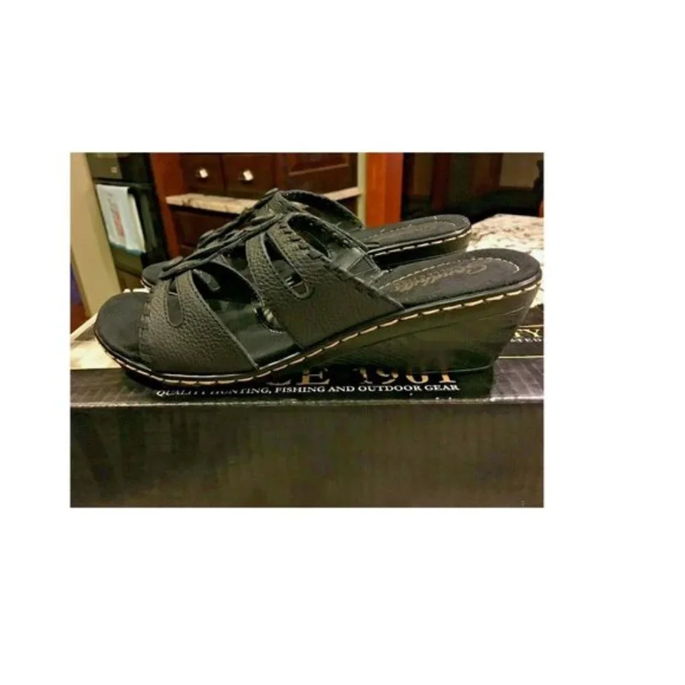 Cabela's Women's Wood Grain Wedge Slide Black 9 M NEW IN BOX